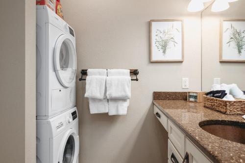 a bathroom with a washer and dryer next to a sink at Primrose Studio 1BR Studio near Downtown Beaches Wineries in Traverse City