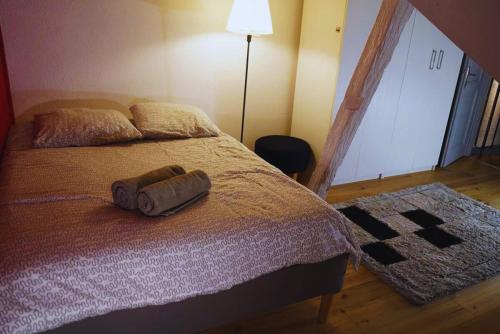 une chambre avec un lit avec un sac dessus dans l'établissement Appartement typique Alsacien, à Strasbourg