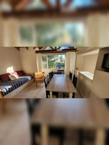 two pictures of a living room with a table and a couch at Rincon del Sur in Esquel