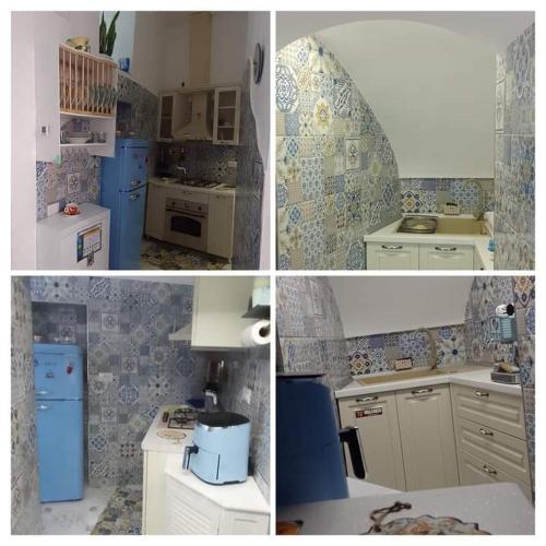 four pictures of a kitchen with blue and white appliances at DonnaSofia in Cetara