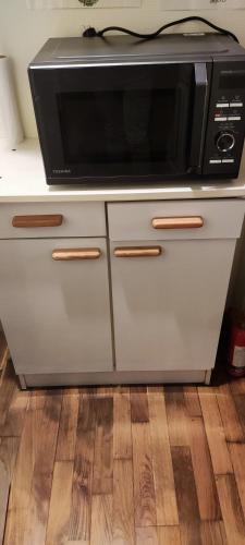 un four micro-ondes installé au-dessus d'un comptoir de cuisine dans l'établissement Gite Le Charme Charentais, à Saint-Nazaire-sur-Charente