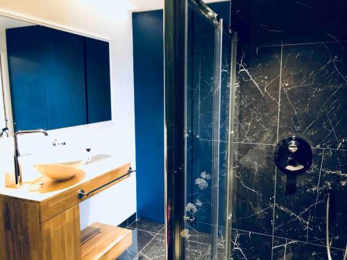 La salle de bains est pourvue d'un lavabo et d'une douche aux murs bleus. dans l'établissement Superbe appartement d'architecte place du Capitole, à Toulouse