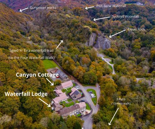 an aerial view of a house and a road at Waterfall Lodge in Pont-Nedd-Fechan