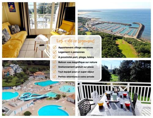 un collage de photos d'un complexe avec une piscine dans l'établissement 