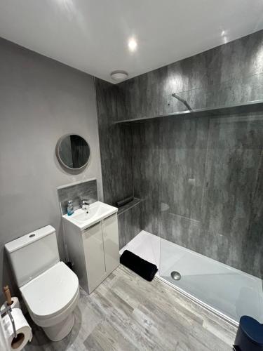 a bathroom with a toilet and a sink and a shower at Country File in York