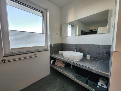 a bathroom with a sink and a mirror at Falkenapartment Berlin in Berlin