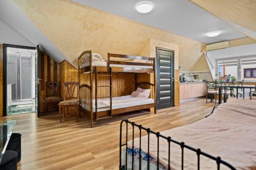 une chambre avec deux lits superposés et une cuisine dans l'établissement Luxurious Villa with Lush Garden and Huge Terrace near Herastrau Park, à Bucarest