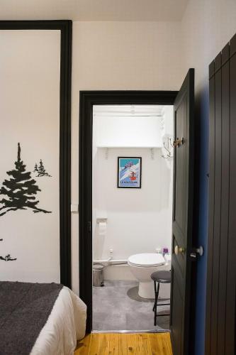 une salle de bain avec un lit et des toilettes dans une chambre dans l'établissement Nid douillet avec balcon, à Le Mont-Dore
