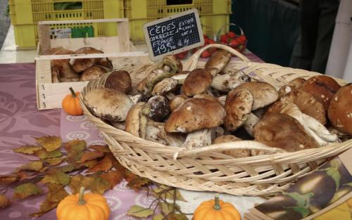 un panier de champignons sur une table avec un signe dans l'établissement Funky, affordable mountain apartment, à Luchon