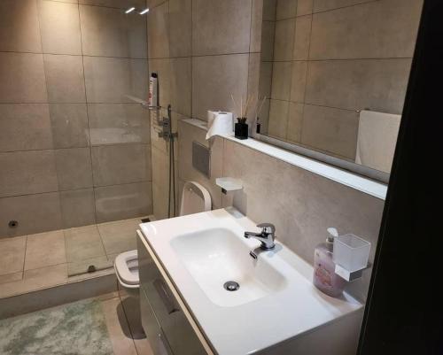 Un baño con lavabo, inodoro y espejo. en Cozy & Luxurious East Legon Apt with gym, pool & rooftop, en Accra