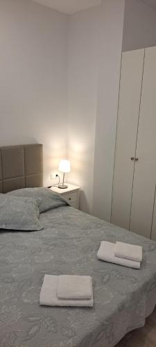 ein Schlafzimmer mit einem Bett, auf dem zwei Handtücher liegen in der Unterkunft Casa Mirador in Alcalá