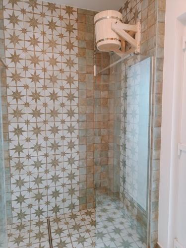 a shower in a bathroom with a tiled wall at Ubytování Na potoce in Radvanice
