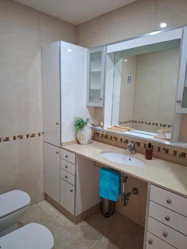 a bathroom with a sink and a toilet and a mirror at Sea of Dreams in Villajoyosa