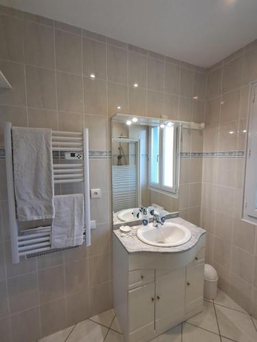 une salle de bain avec un lavabo et un miroir dans l'établissement La Maison des Coquilles, à Lanton