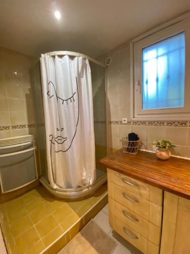 a bathroom with a shower with a white shower curtain at Appartement Nîmes B in Nîmes