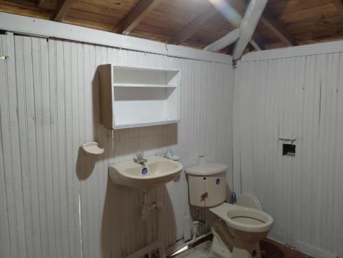 a bathroom with a toilet and a sink at Habitación en casa de campo via al aeropuerto in Copacabana