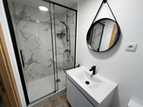 un bagno con doccia, lavandino e specchio di Appartement confortable et cosy près de Braga a Pico