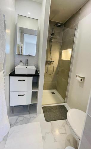 une salle de bain blanche avec un lavabo et une douche dans l'établissement Studio 2 people Half Chemin Paris and Disneyland, à Villiers-sur-Marne