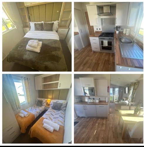 four different pictures of a bedroom and a kitchen at The Brend - Seaview holiday home in Newbiggin-by-the-Sea