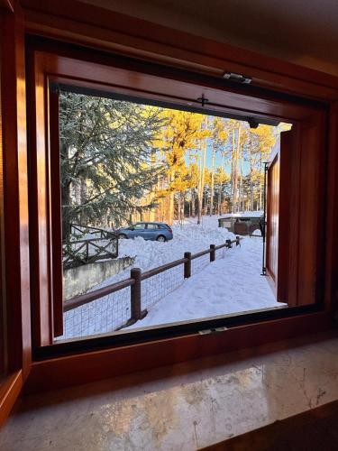 a window with a view of a snow covered yard at La casa nel bosco in Campo di Giove
