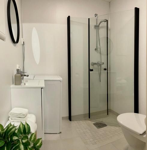 a bathroom with a shower and a toilet and a sink at Modern apartment Kvaløya in Kvaloysletta