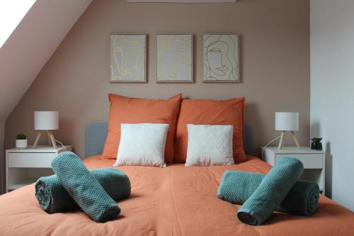 - une chambre avec un lit orange et 2 oreillers dans l'établissement Charmant T3 Hypercentre - Navette Aéroport à 2 pas, à Beauvais