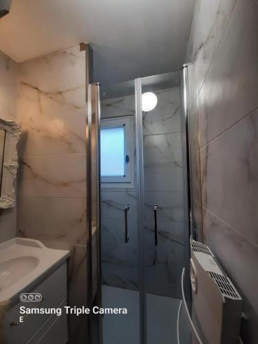 une salle de bain avec douche et lavabo dans l'établissement Appartement Cosy au cœur de Saint Lary, à Saint-Lary-Soulan