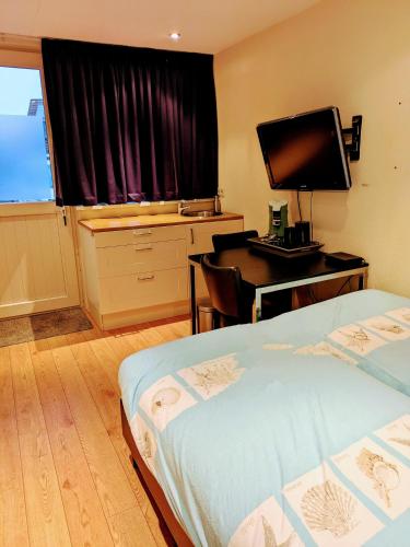 a room with two beds and a desk with a television at Logies21 Texel in Oosterend