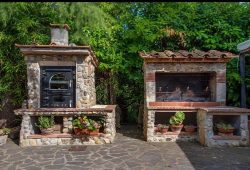 a stone fireplace with a stove and potted plants at Poggio dei Carli in Marcialla