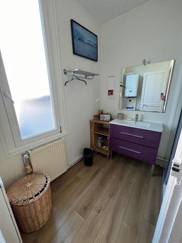 La salle de bains est pourvue d'un lavabo violet et d'un miroir. dans l'établissement Magnifique maison au bord de la mer, à Le Touquet-Paris-Plage