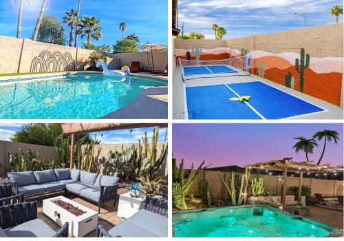 a collage of four pictures of a swimming pool at Scottsdale Designer Oasis - Private Pool & Insta Getaway in Scottsdale