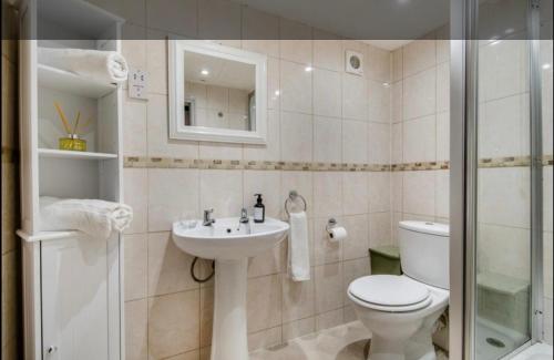 a bathroom with a toilet and a sink at Stable boys cottage in Sedgeberrow