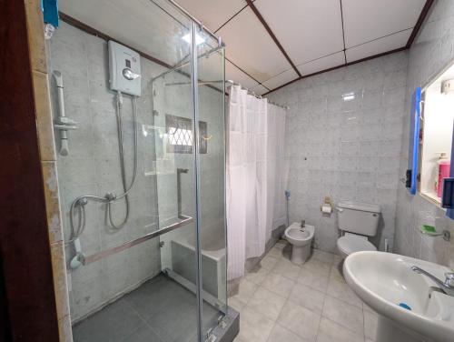 a bathroom with a shower and a toilet and a sink at Dona's Villa Coastal House in Pamunugama in Negombo