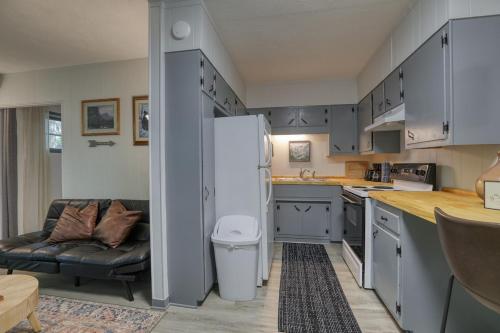 a kitchen with a refrigerator and a couch in it at Bear Suite - King Bed Cabin Apartment in Gatlinburg