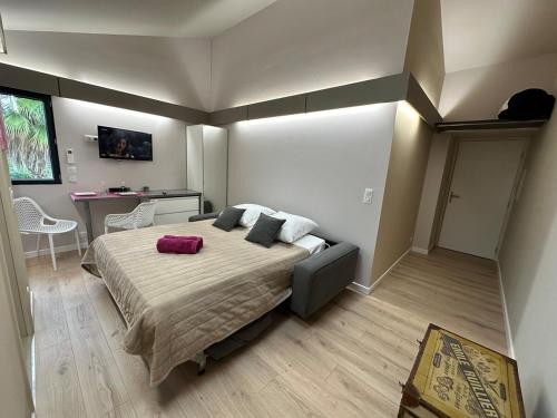 une chambre avec un lit avec un oreiller rouge dessus dans l'établissement L'Esquisse en Rose - Parking Clim Netflix Canal, à Milhaud