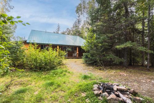a cabin with a green roof in the woods at Hope's Hideaway, LLC in Hope