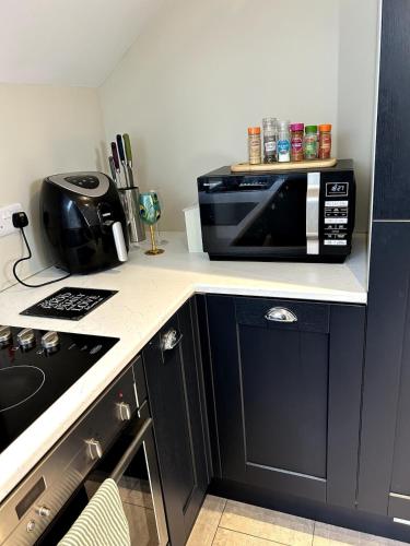 a kitchen with a microwave on a counter top at The Burrow in Glenoe