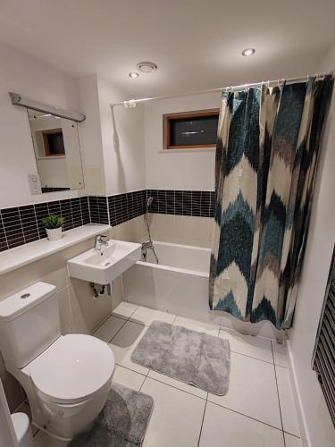 a bathroom with a toilet and a sink and a shower curtain at London Apartment with Wembley view in London