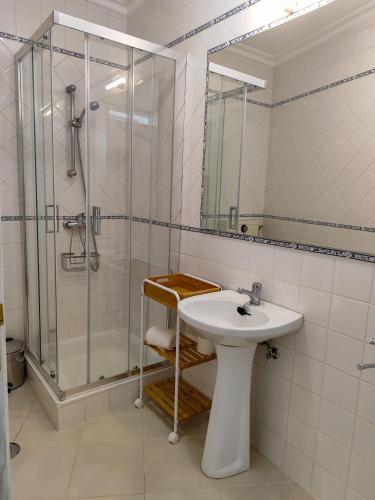 a bathroom with a sink and a shower at Quinta da Padrela Vineyard House in Tabuaço