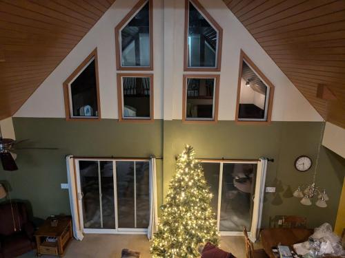 a christmas tree in the middle of a living room at Hidden Pines in Thendara