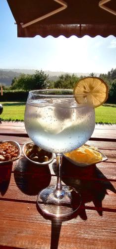 a drink with a lemon slice on a wooden table at A Casa do Folgo Turismo Rural in Negreira