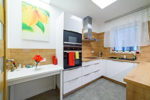 a kitchen with white cabinets and a sink at Apartmány Volavka 3 in Planá nad Lužnicí