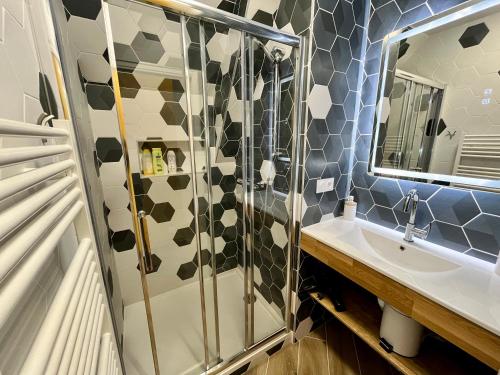 une salle de bain avec un lavabo et une douche dans l'établissement T3 climatisé face Loire et château l'appart du 4-1, à Amboise