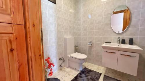 a bathroom with a toilet and a sink and a mirror at Villa Mira - 3BR Villa with Panaromic Sea View in Datca