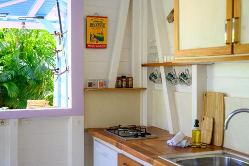 a kitchen with a sink and a window at Chez Marie & Philippe Ti'Kaz Cannelle in Cadet