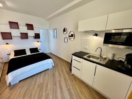 une chambre avec un lit et un lavabo dans l'établissement Studio climatisé face Loire et château le 4-5, à Amboise