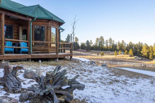 a log cabin with blue chairs in the snow at Whitetail Springs Ranch in Custer