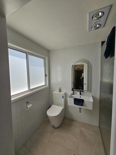 a bathroom with a toilet and a sink and a mirror at Taree CBD cottage apartments in Taree