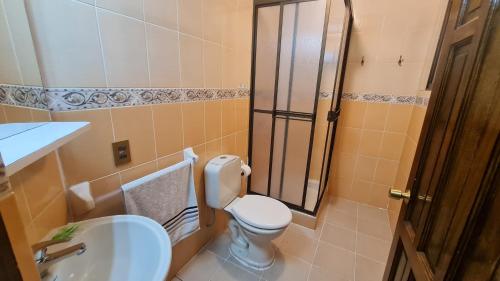 a bathroom with a toilet and a sink and a shower at Hostal Montañes in La Paz
