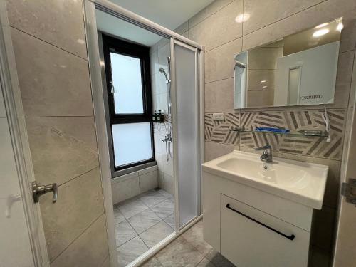 a bathroom with a sink and a shower and a mirror at 豐原廟東自助民宿 in Fengyuan